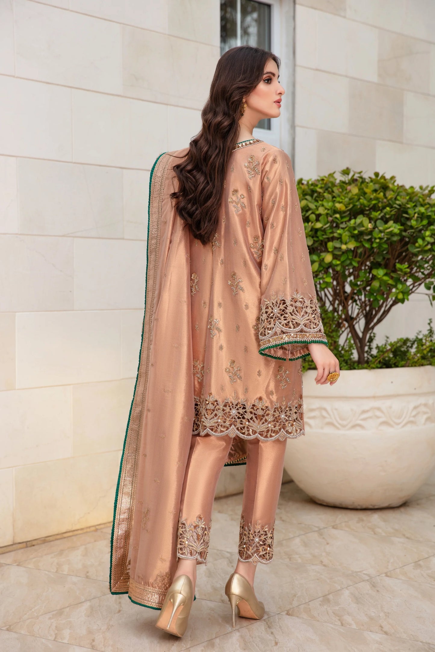 Roshanara – Rose Gold Cutwork Luxury Ensemble