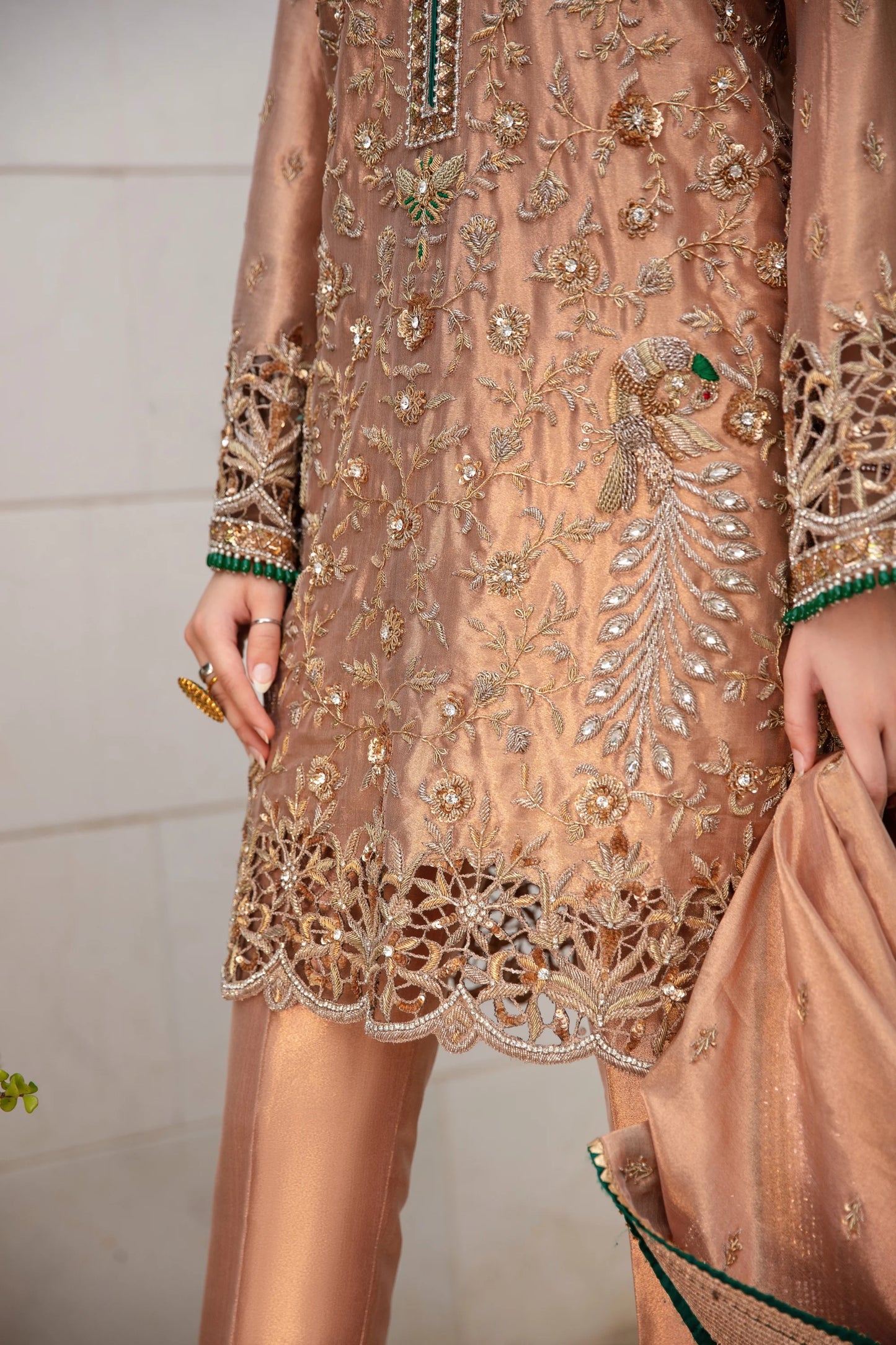 Roshanara – Rose Gold Cutwork Luxury Ensemble