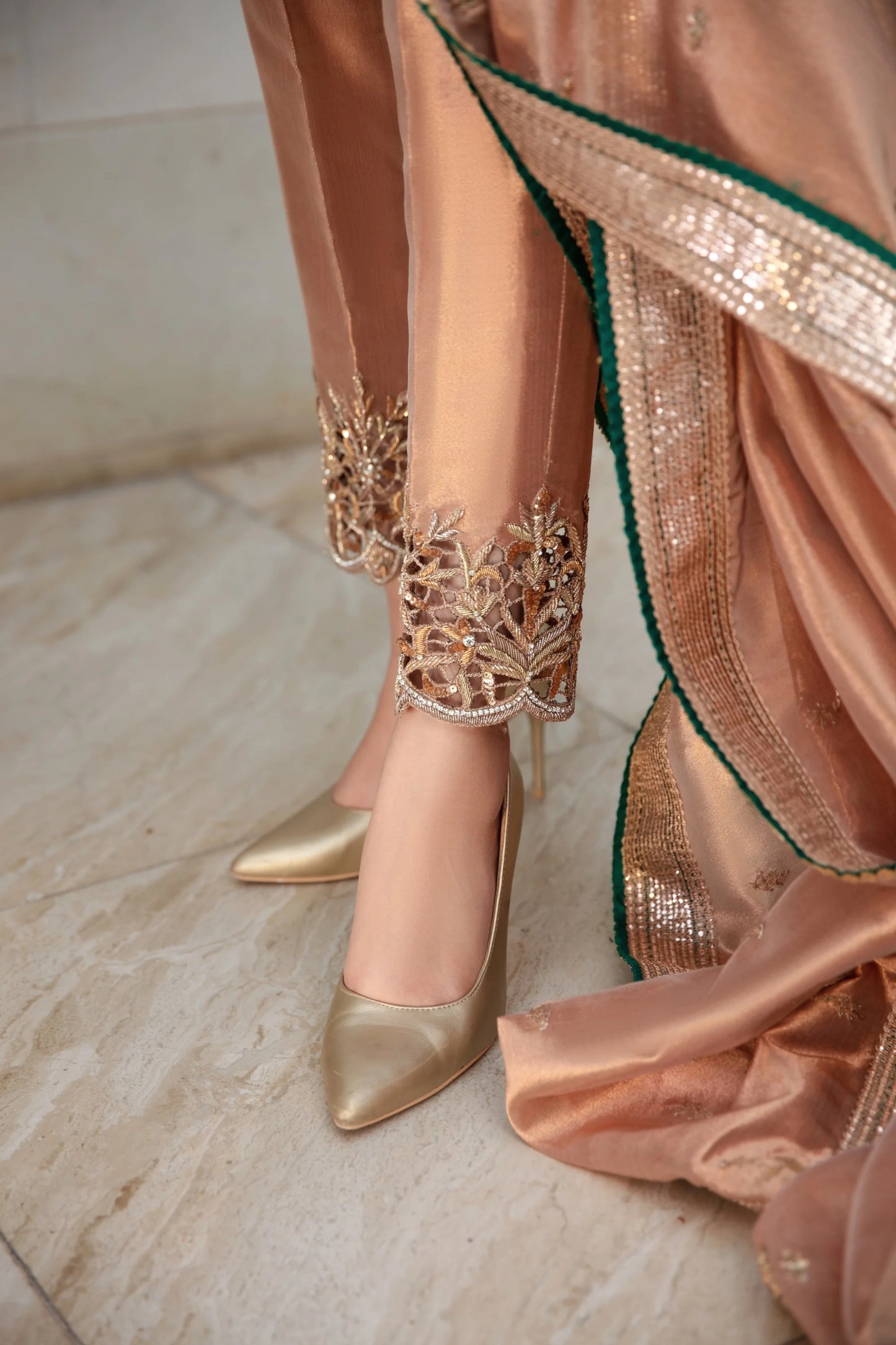 Roshanara – Rose Gold Cutwork Luxury Ensemble