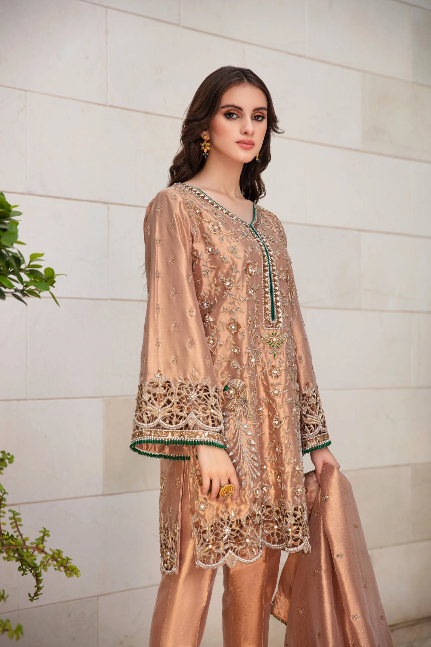 Roshanara – Rose Gold Cutwork Luxury Ensemble