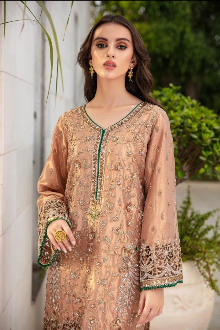 Roshanara – Rose Gold Cutwork Luxury Ensemble